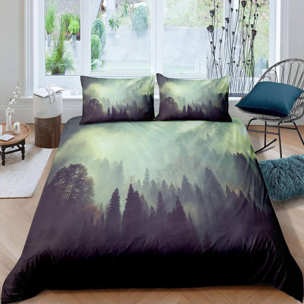 Smoky Mountain King Queen Bettbezug Grauer Nebel Kiefern Bettwäscheset Retro Naturlandschaft Kunst 2/3-teilig Polyester Bettdeckenbezug