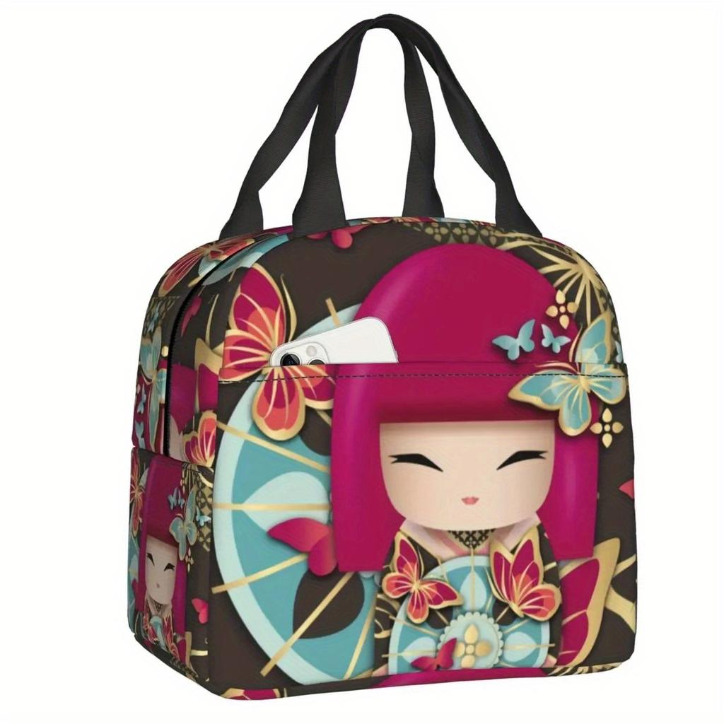 Cherry Blossom Kokeshi Doll Insulated Lunch Bag - Reusable Thermal Cooler Bento Box with Cute Sakura Design
