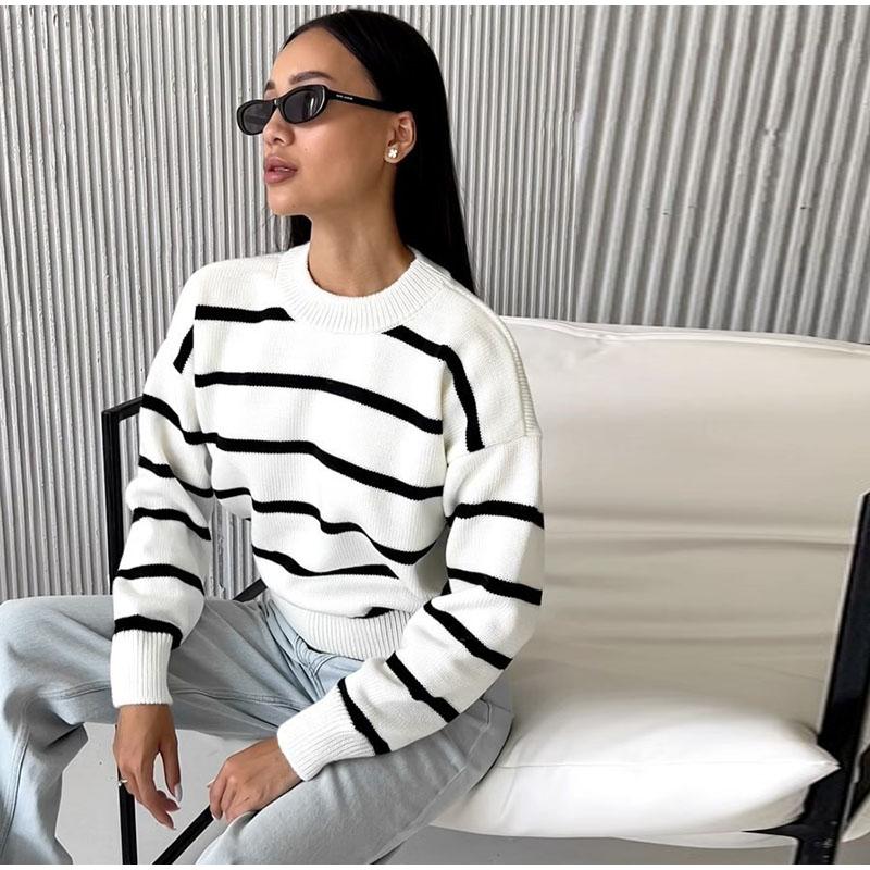 Winter Autumn Loose Round Neck Striped Knitted Pullover Women Long Sleeve Casual O-neck Sweater