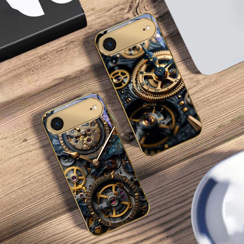 Precision metal gear For IPhone 17Pro Max 16 17 Pro 15 Pro 14 13 Plus 12 Mini 11Pro Max XR 16E 17Air Golden glass phone case