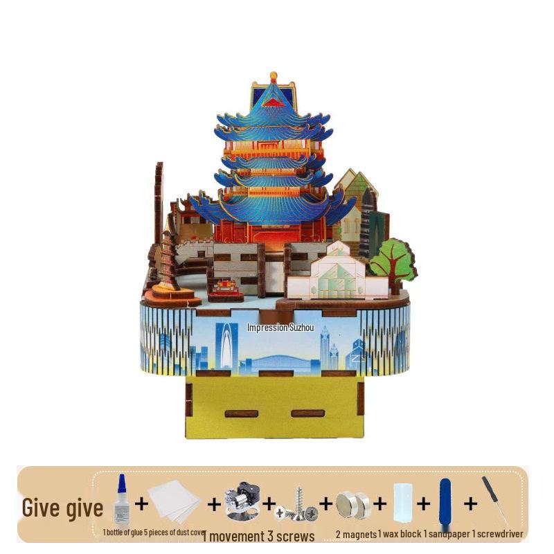 Landmark City Rotating Wooden Music Box DIY Birthday Gift