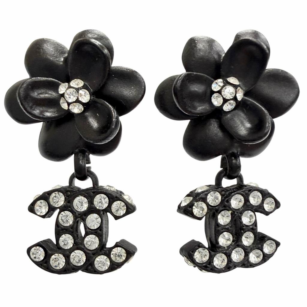 Great CHANEL Camellia COCO Mark Rhinestone Piercings (for both ears) black 02A Used