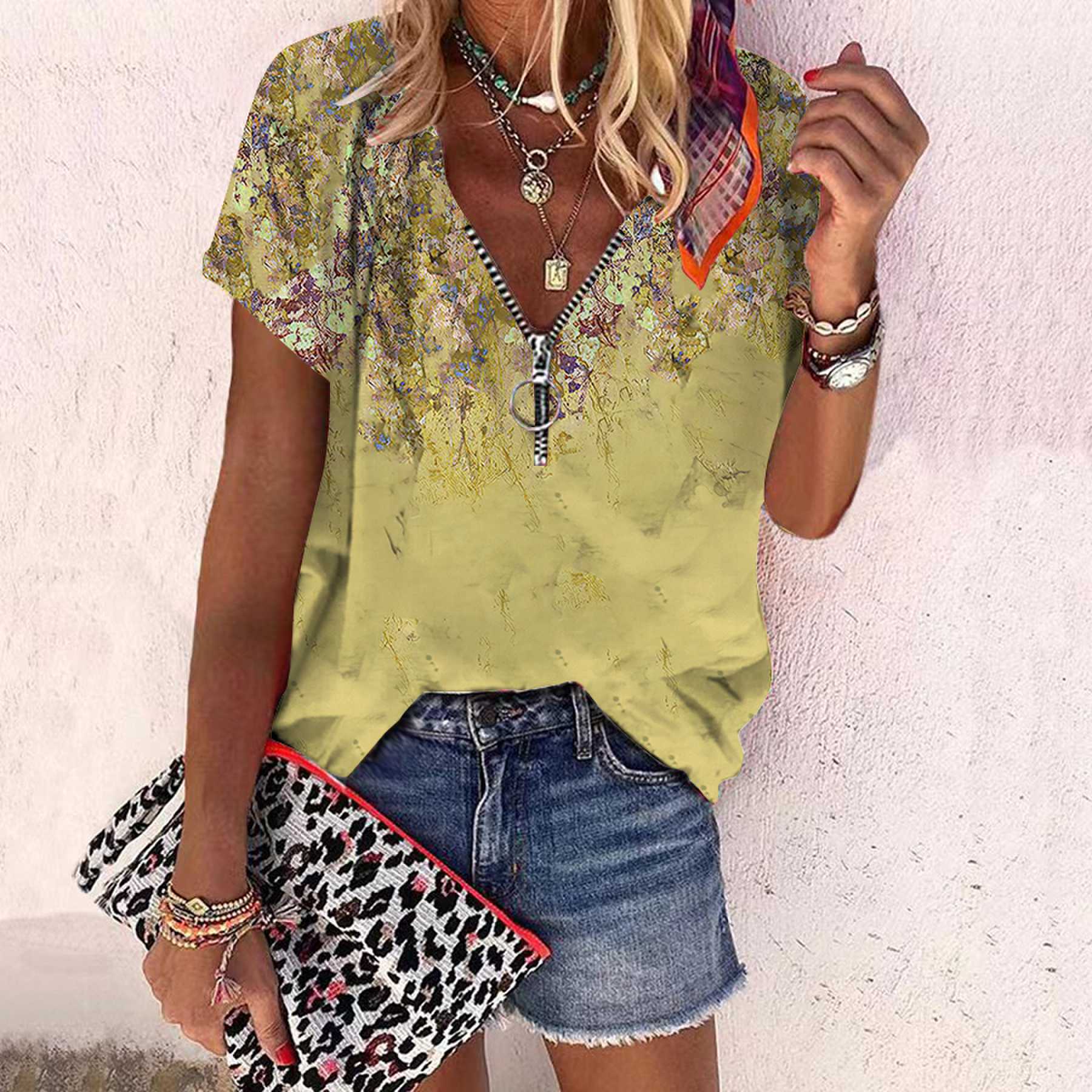 

Женский топ, летняя новая мода, повседневный топ с короткими рукавами и застежкой-молнией с цветочным принтом розы и v-образным вырезом 6XL жёлтый