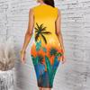 Women Plus Size Sleeveless Round Neck Midi Bodycon Dress Leopard And Rose Floral Gradient Print Slim Fitted Dress