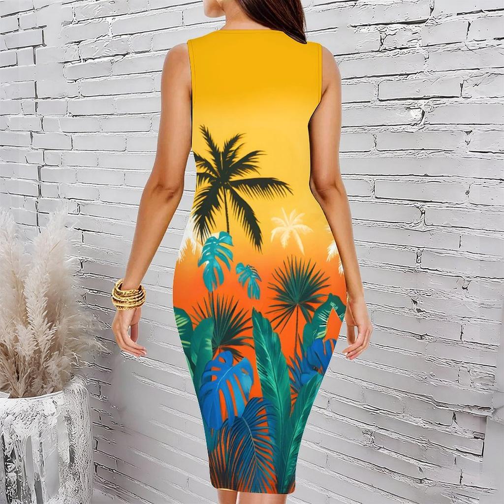 Women Plus Size Sleeveless Round Neck Midi Bodycon Dress Leopard And Rose Floral Gradient Print Slim Fitted Dress