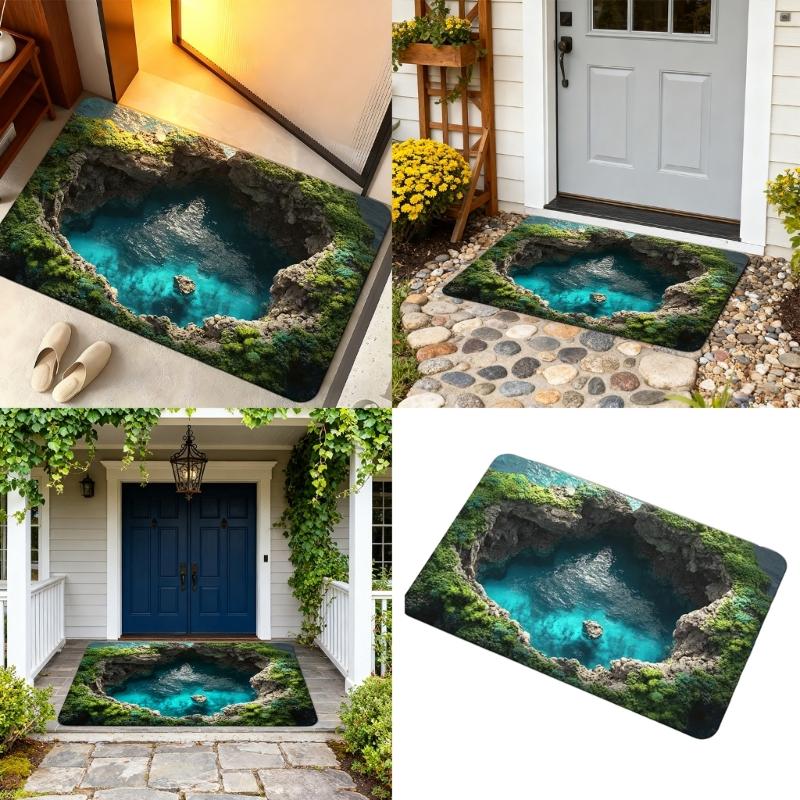 3D Optical Illusion Rug Nonslip Floor Mat for Indoor and Outdoor Use Cave Stone Visual Illusion Doormat for Living Room