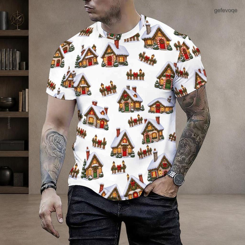 Men s Plus Size Round Neck Short Sleeve Christmas Robin Holly Printed White Pullover T Shirt
