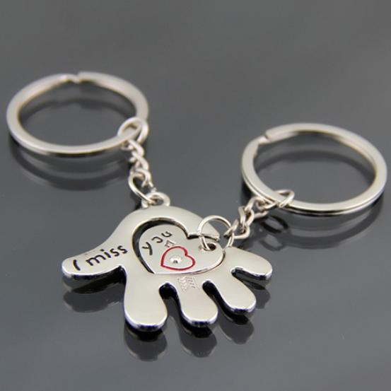 MISS YOU LOVERS I LOVE YOU SET OF 2 KEYRINGS JIGSAW MALE FEMALE HAND PALM HEART