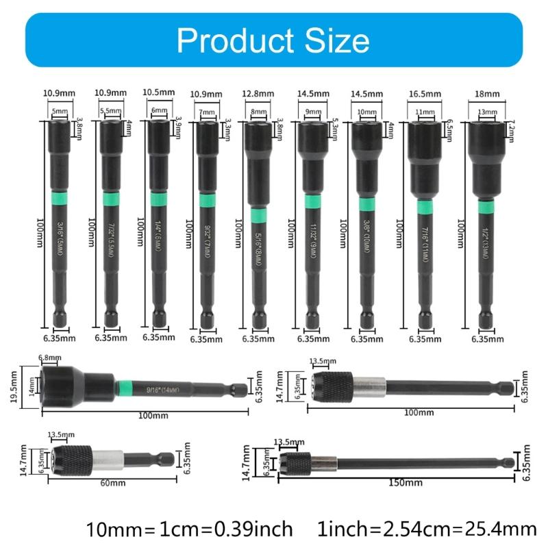 13Piece Practical Hex Head Drill Bit Set Magnetic Nut Driver with Quick Releases Extensions for Drills
