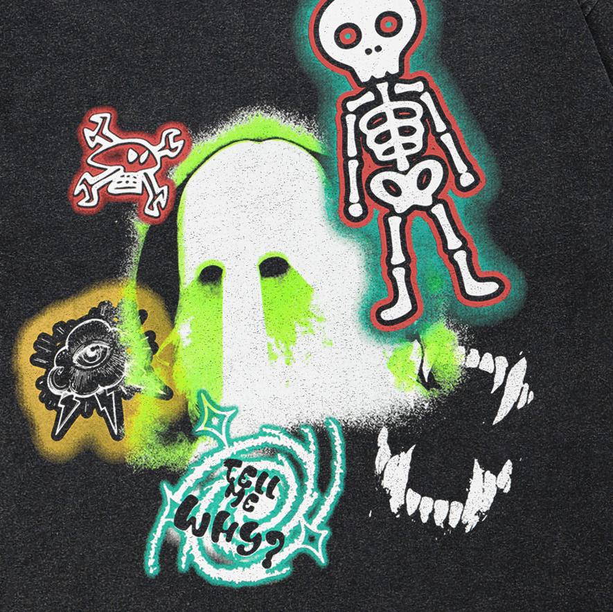 2024 Streetwear Oboustranné Vtipné Kostra Ďáblova Křídla Grafické Unisex Tričko