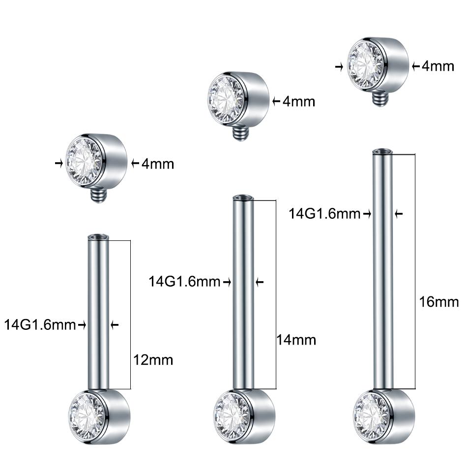 1 vnt. 14G implantinis titano spenelio pirsingas su štanga, cirkonio kristalo spenelio apsauga, vidiniu sriegiu, pirsingo papuošalas 12/14/16mm