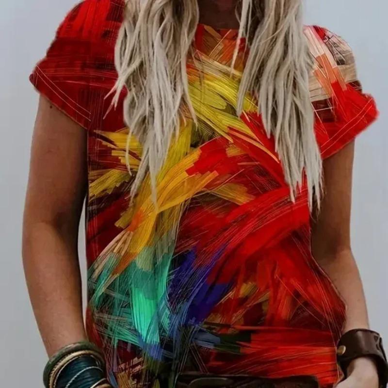 2024 Damen-T-Shirt mit Farbblock-Print, lässig, Rundhalsausschnitt, kurzärmliges Oberteil aus Strickstoff, übergroßes Damenkleid