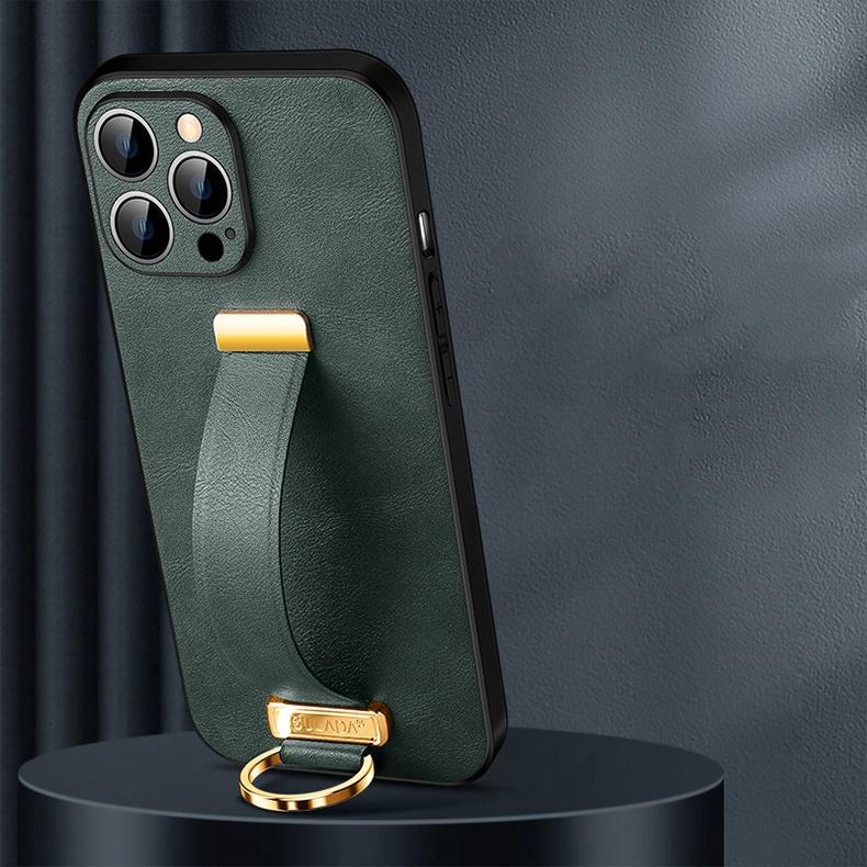 

Кожаный чехол-браслет для iPhone 16 Pro Max 15 Plus 14 13, эластичный чехол-подставка, элегантный деловой чехол-кольцо на палец For iPhone 16 Pro Max зелёный