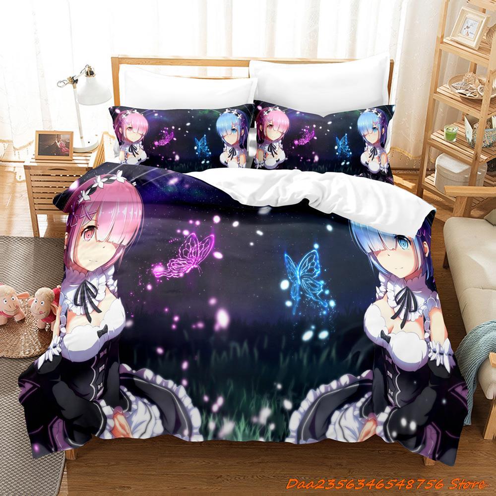 Comforter Re Zero Rem Ram Bedding Set Cartoon Anime Three-Piece Set Adult Kid Bedroom Duvet Sets 3D Kawaii Girl Twin Set