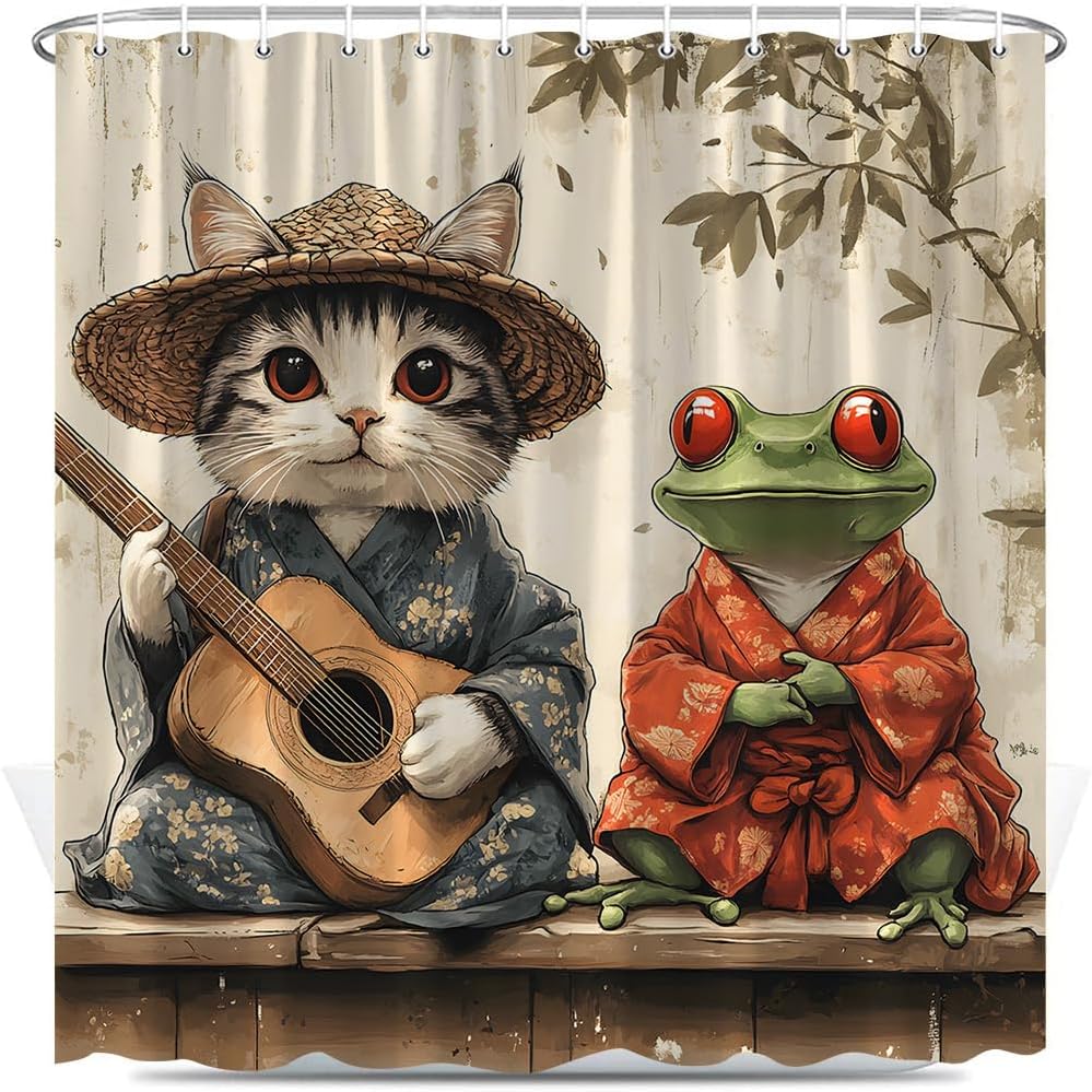 

Funny Cat Frog Shower Curtain Cute Kitten and Frog Playing Guitar Vintage Japanese Animal Green Leaf Plant Asian Rustic Abstract 90x180CM