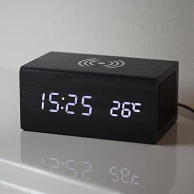 WOOD SHOW Alarm Stylish Table Digital Desk Smartphone Charging Interior Clock with Wood Multifunctional Wireless Alarm Display by Voice Thermometer
