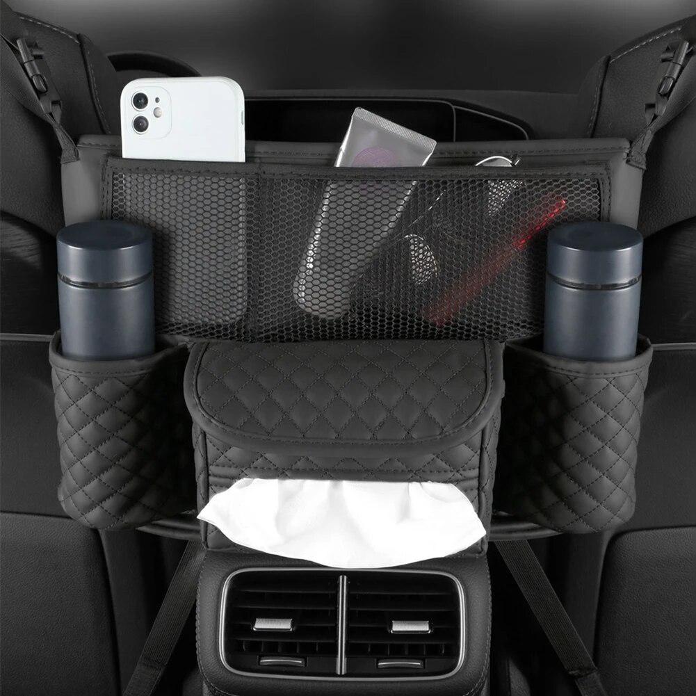 Car Seat Storage Bag PU Leather Auto Seat Middle Box Hanging Pocket For Stowing Car Organizer Holder For Handbag Tissue Drink
