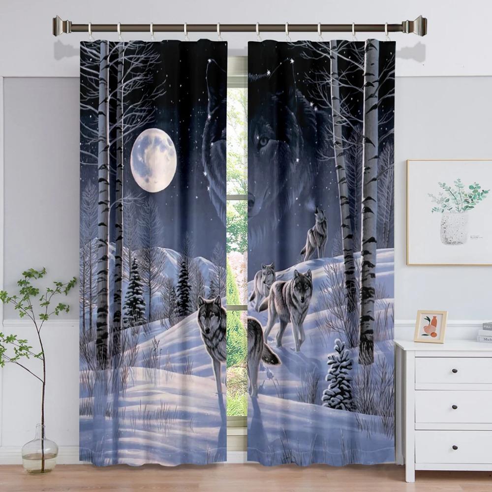 Natürlicher Wald Schneeszene Außentür Leichte Fensterscheiben Vorhänge designed für Kinder Wohnzimmer Schlafzimmer Badezimmer Küche Schrank Haken 2 Stück