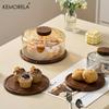 1PCS Round Wooden Cake Stand with Glass Dome Lid -Wood Serving Tray for Dim Sum Pastries & Desserts for Dining Room Cake Tray