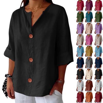 T-shirt top décontracté à manches sept points et col en V boutonnable pour femme