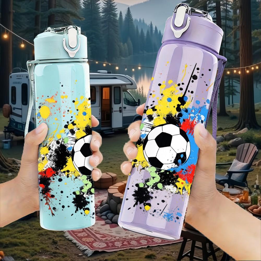 1PC Splash Color Soccer Ball Art Print 750ml Color Plastic Sports Water Bottle Leakproof Flip Straw Lid Suitable for Sports Office Home Use