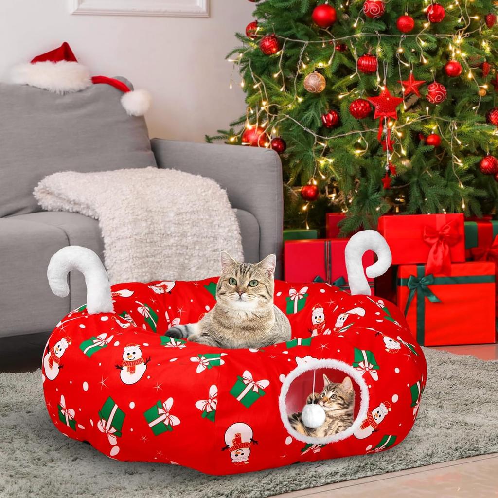Cat Tunnel Christmas Tree Skirt, 3FT Round Donut with Plush Ball, Red Festive Decor for Small Pets