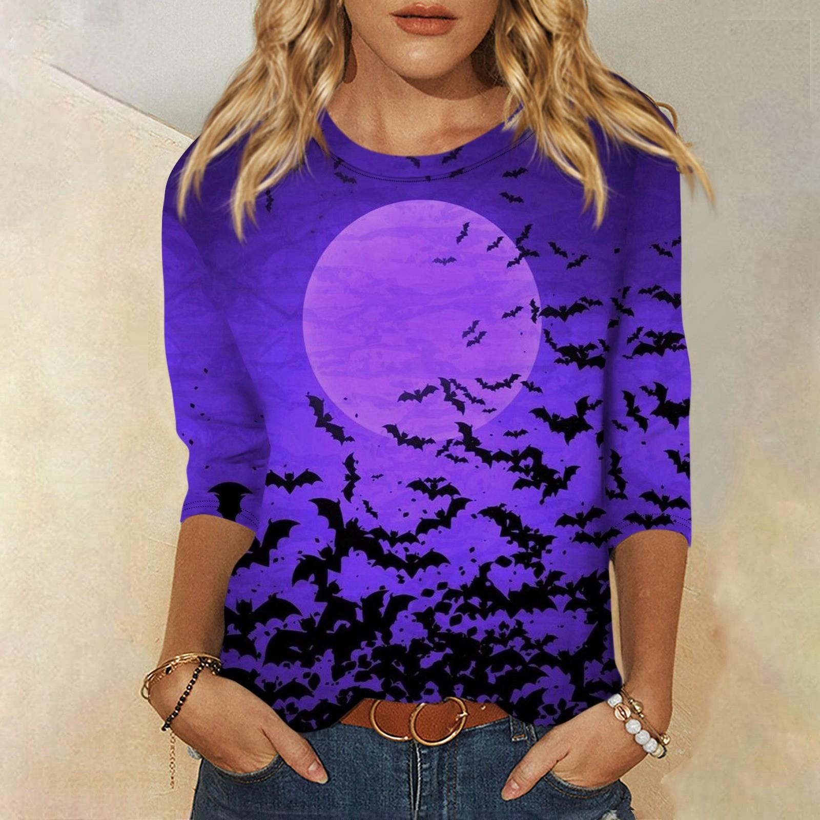 

Женская модная повседневная свободная футболка с круглым вырезом и рукавами 3/4 на Хэллоуин, женский топ XL фиолетовый