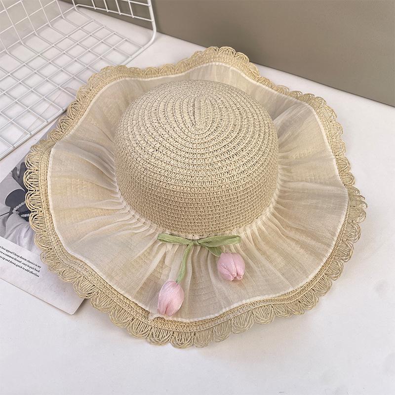 

Tulip Lace Edge Straw Hat Women s Summer Versatile Seaside Beach Vacation Sun Hat Big Brim Sun Hat