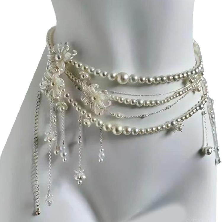Multi Layered Waist Chain Beaded Belly Chain Bikini Decor with Floral Pearls Tassels Accents for Various Occasion