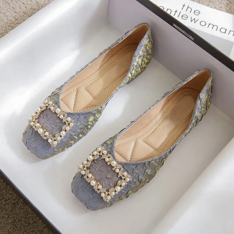 Fashion Ladies Footwear Pearl Low Heel Elegant Women's Flat Shoes Square Toe Korean Fashion High Quality Vintage Modest Stylish Chic Y2k