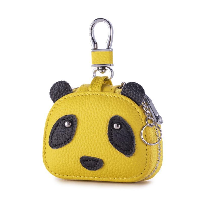 Leather compact key bag New panda bluetooth headset protective case First layer cowhide waist hanging universal key bag
