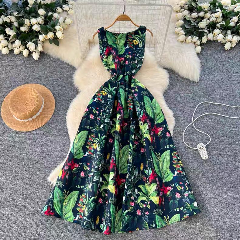 Robe sans manches à col rond imprimé style européen américain pour femmes, haut de gamme, niche, fête d'anniversaire, taille ajustée, bouffante, maxi