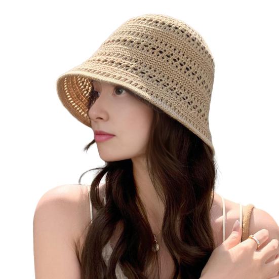 Women Fisherman Hat Hollowed-Out Design Sun Protection Hat Wide Brim Braided Basin Hat Summer Accessory