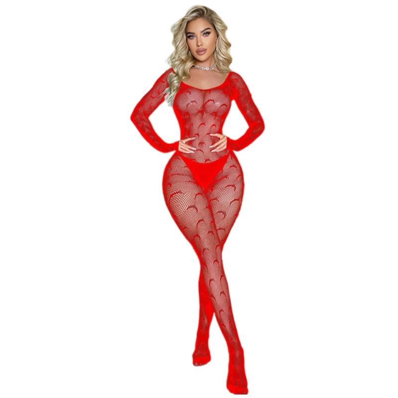Women Fishnet Mesh Bodystocking Long Sleeve Bodysuit See Through Tights Nightwear Erotic Lingerie Crotchless Jumpsuit