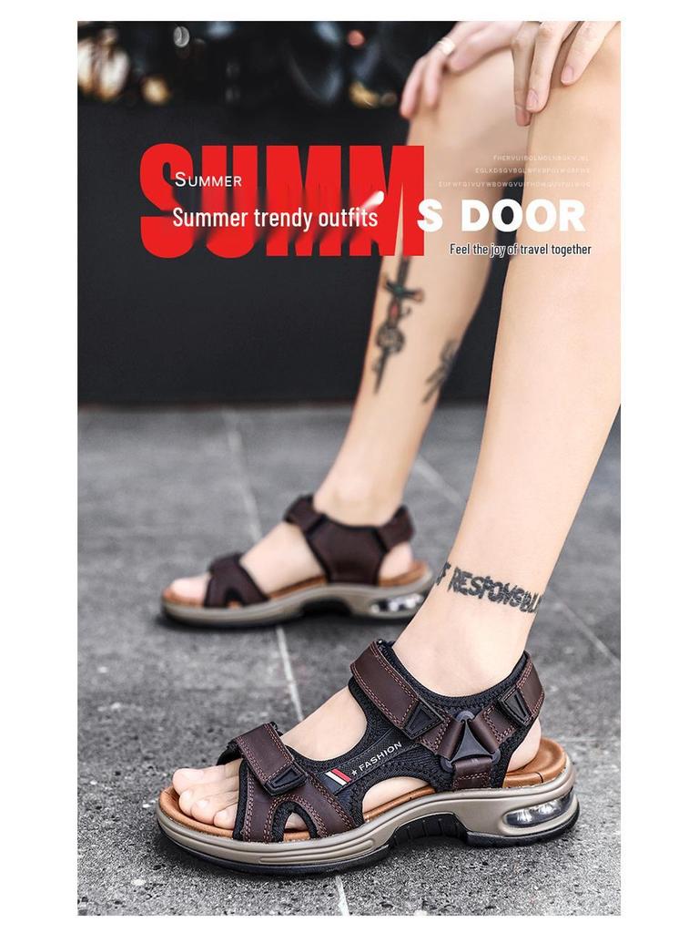 Men's Casual Genuine Leather Open-Toe Beach Sandals with Air Cushion - Lightweight and Plus Size for Outdoor Activities.