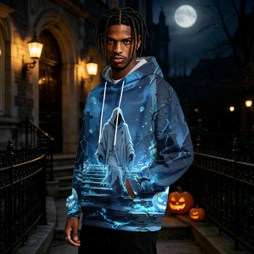 Men's Halloween Print Hoodie Long Sleeve Pullover Sweatshirt Casual Top