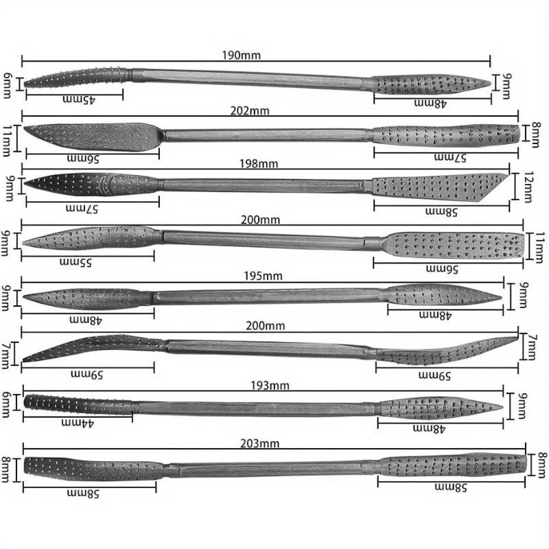 8dílná sada pilníků na rašplování a rýhování dřeva - Různé pilníky pro rašplové řezy - Nástroj na tvarování dřeva