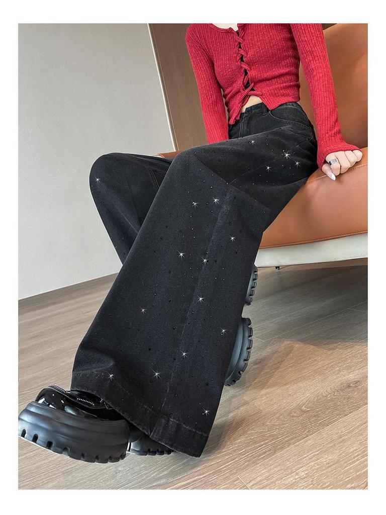 Rhinestone Wide-Leg Women's Jeans: Fashionable, Slimming, Versatile, Floor-Length Pants for Spring and Autumn