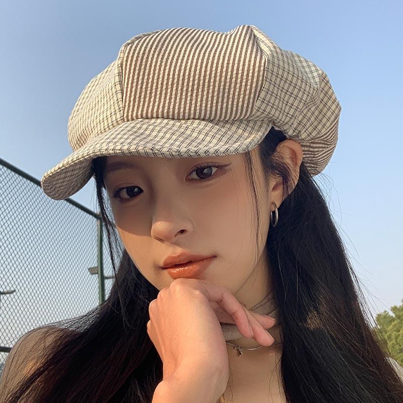 Plaid beret female summer retro painter hat big head circumference showing face small newsboy hat spring and autumn cloud octagonal hat