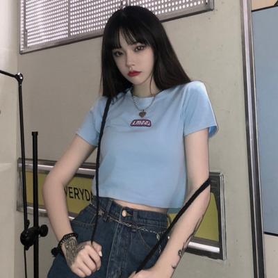 Short Top for Women In Summer New Korean Letters Black Slim Fit Slim Navel Short Sleeve T-shirt
