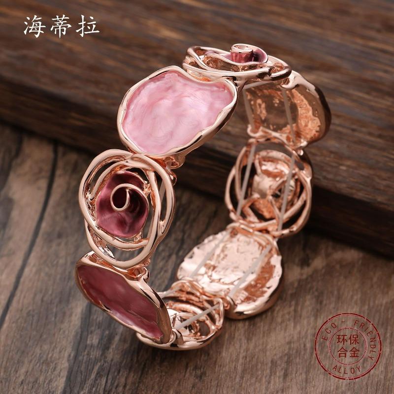 Color Painted Oil Geometric Rose Elastic Bracelet Premium Ladies Versatile Alloy Bracelet