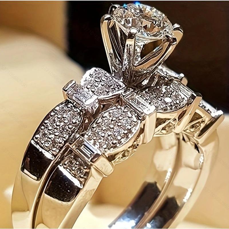 Gorgeous Silver Color Inlaid with White Stone Rings Set  Round Party Engagement Wedding Rings for Women Jewelry