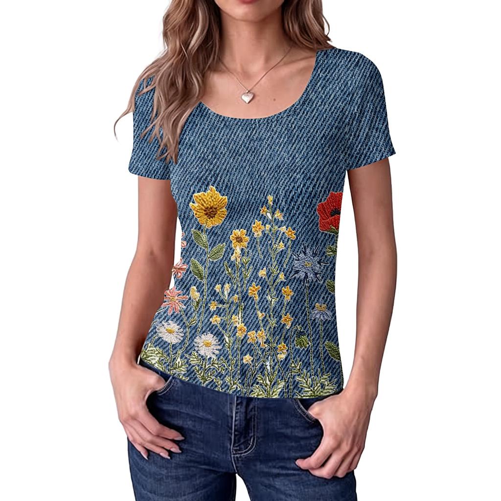 Women's Slim Fit Square Neck Vintage Floral Print Short Sleeve Top Stretchy Casual Blouse for Daily Wear and Outdoor Activities