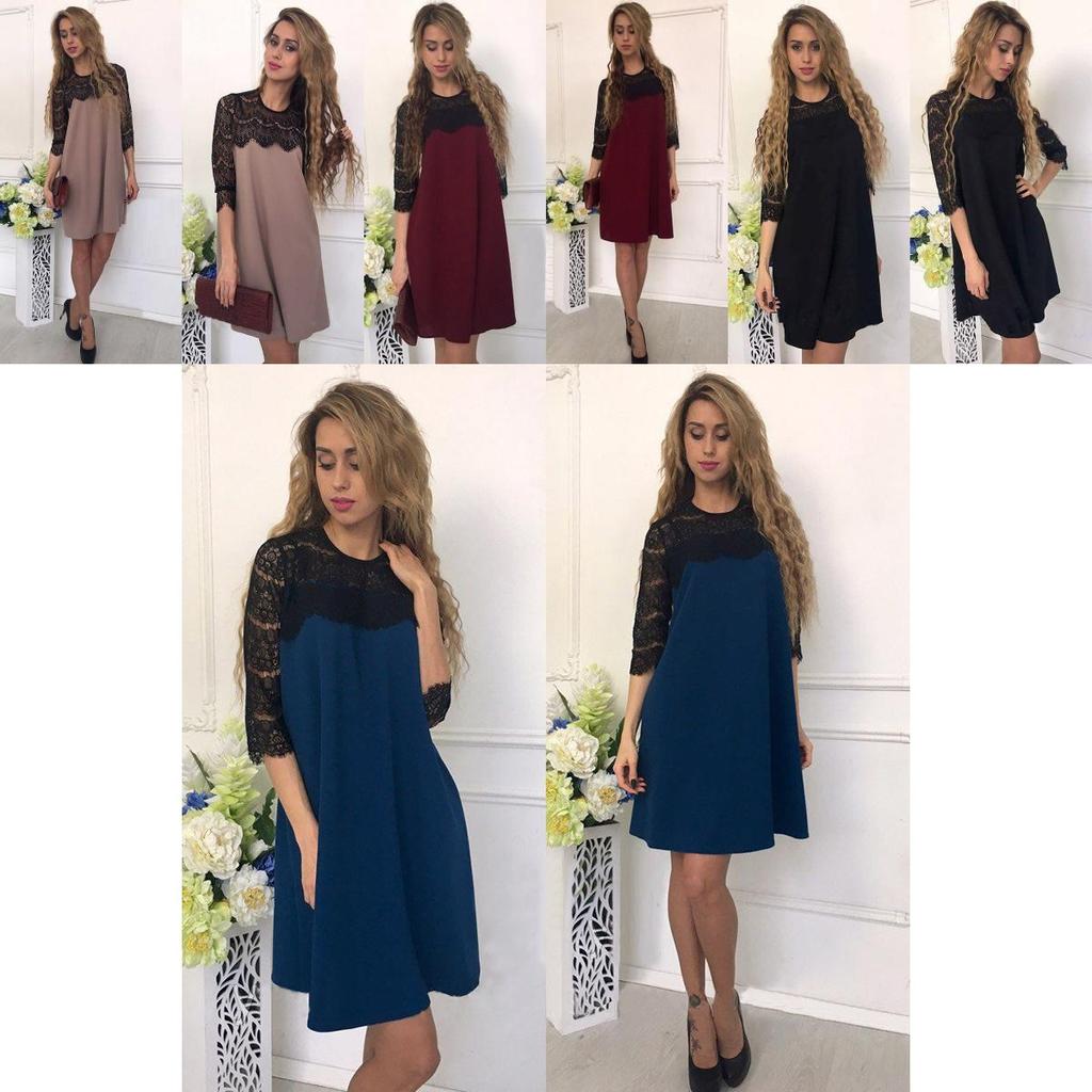 Elegant Women Pure Color Hollow Out Lace Splicing Dress For Stylish Occasions