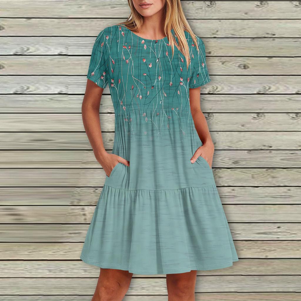 Dámské neformální módní šaty Midi s kulatým výstřihem a krátkým rukávem s potiskem a kapsou