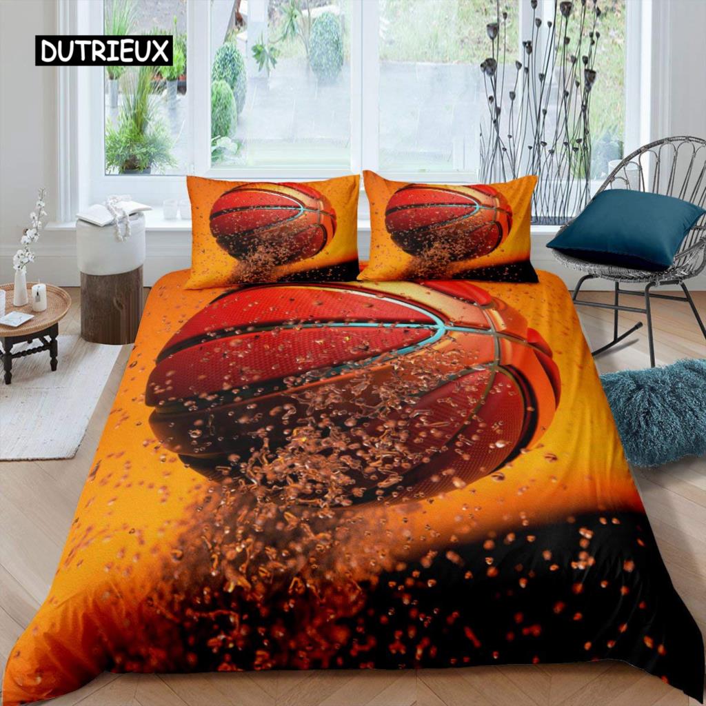 Zestaw Poszwy na Kołdrę Koszykówka Czarny Motyw Sportów Z Piłką Zestaw Pościeli Mikrofibra Boisko do Koszykówki Gry Zawodowe Królewski Pokrowiec na Kołdrę