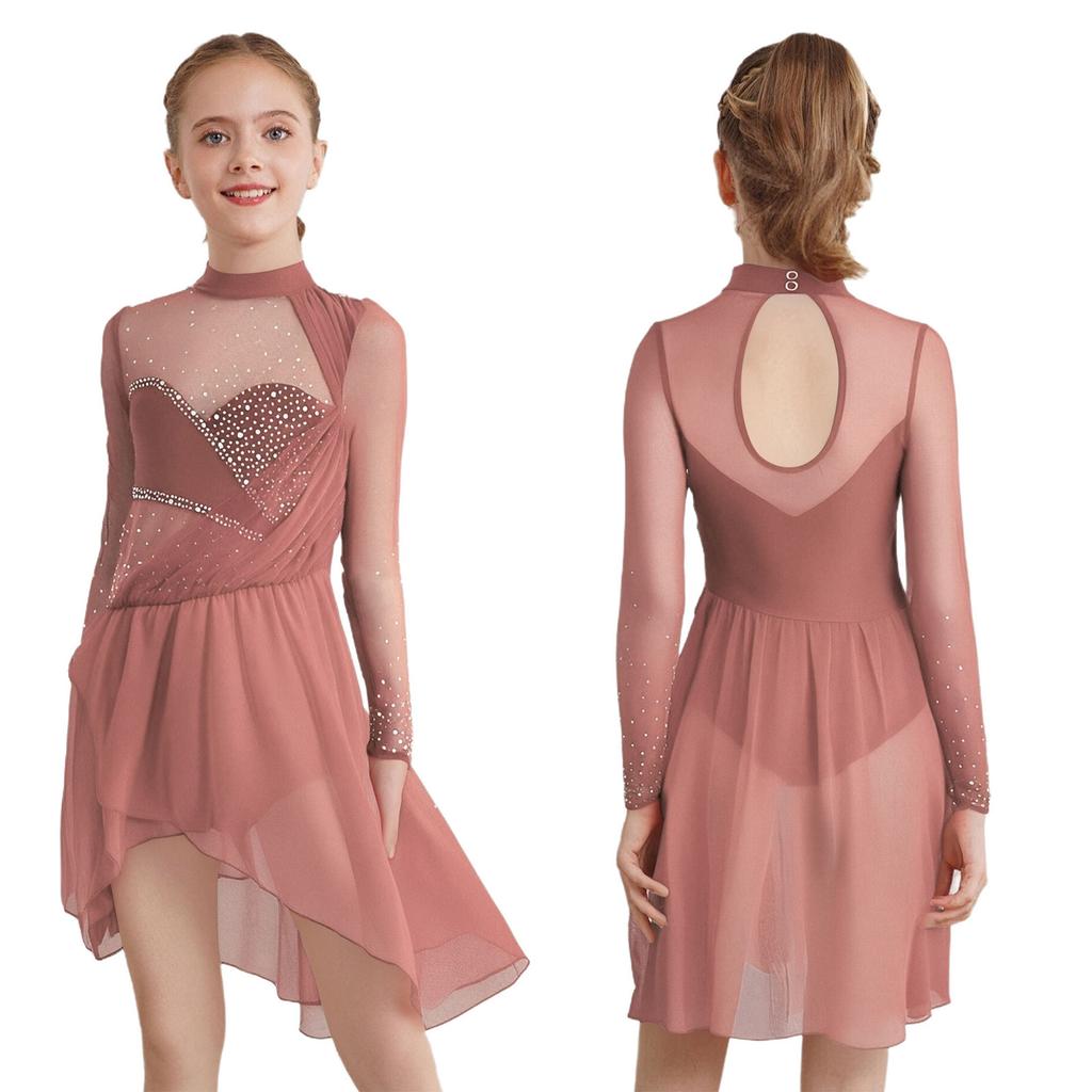 Rochie de Dans pentru Patinaj Artistic Fete: Plasă Transparentă Patchwork Mâneci Lungi Guler Înalt Decupaj la Spate Strassuri Tiv Neregulat cu Chilot Integrat