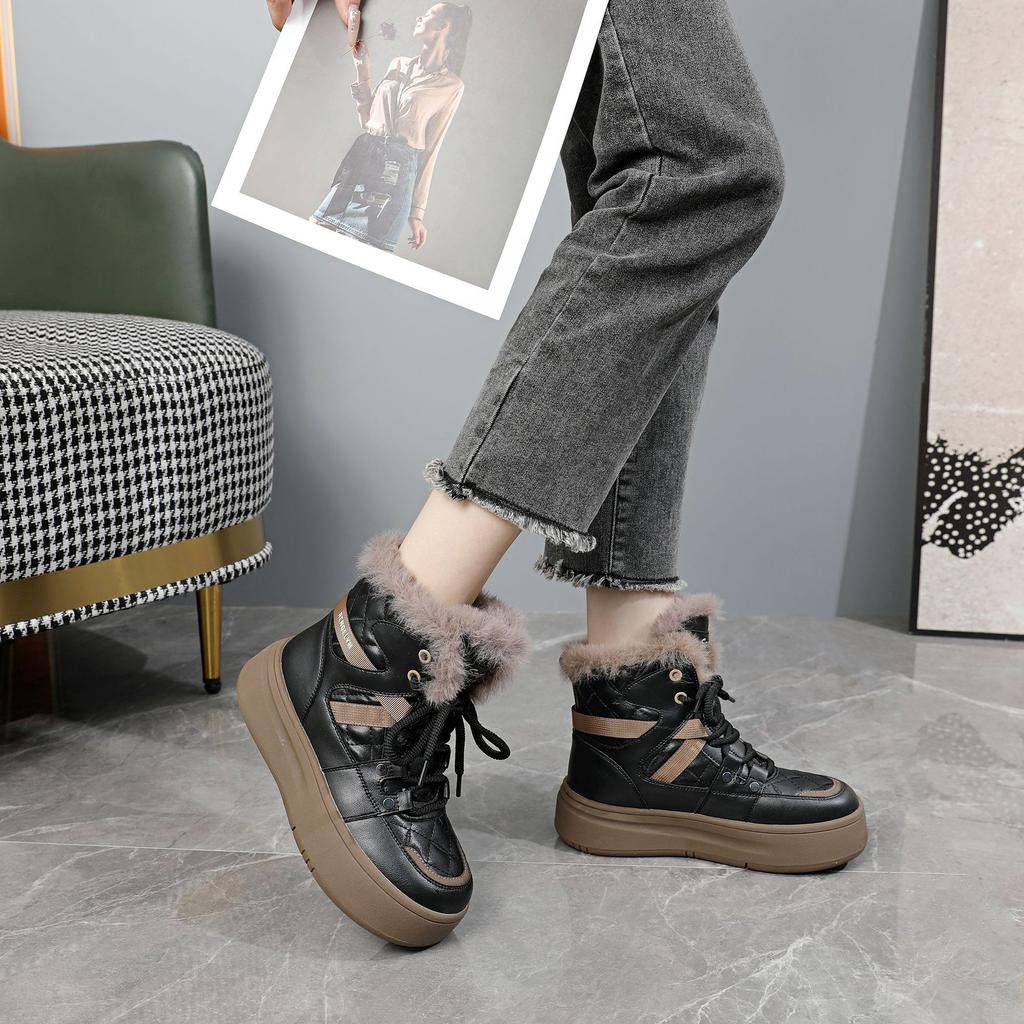 Damen Winterstiefeletten mit dicker Plateausohle, rutschfeste Stiefeletten mit Schnürung, Kunstfellfutter, Wanderschuhe, warme, bequeme, flauschige Kurzstiefel für Damen