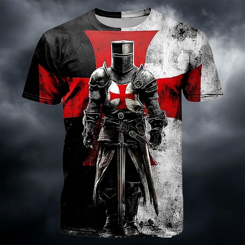 Templar Warrior 3D Printed T-shirt with Medieval Pattern Short Sleeve Top for Summer Men's Casual Street Round Neck Clothing