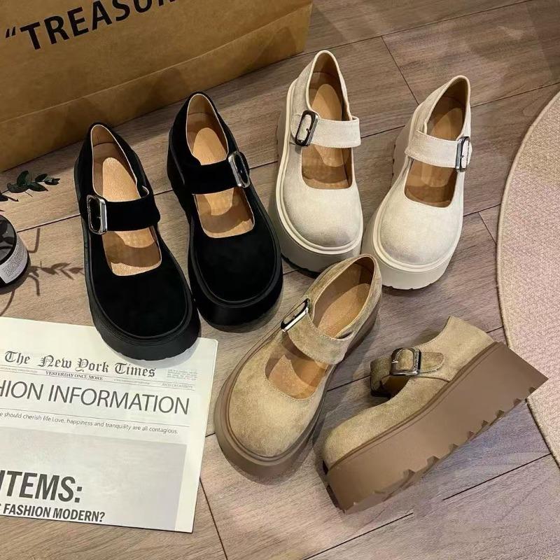 Thick-soled small women's spring retro Mary Jane single shoes word Velcro non-slip heightening single shoes